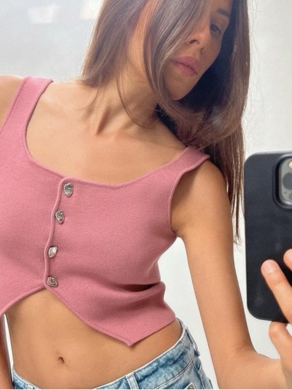 Zara Pink Sleeveless Button-Front Cropped Tank